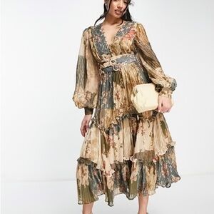 ASOS DESIGN pleat and double belt detail midi dress with patchwork print size 6